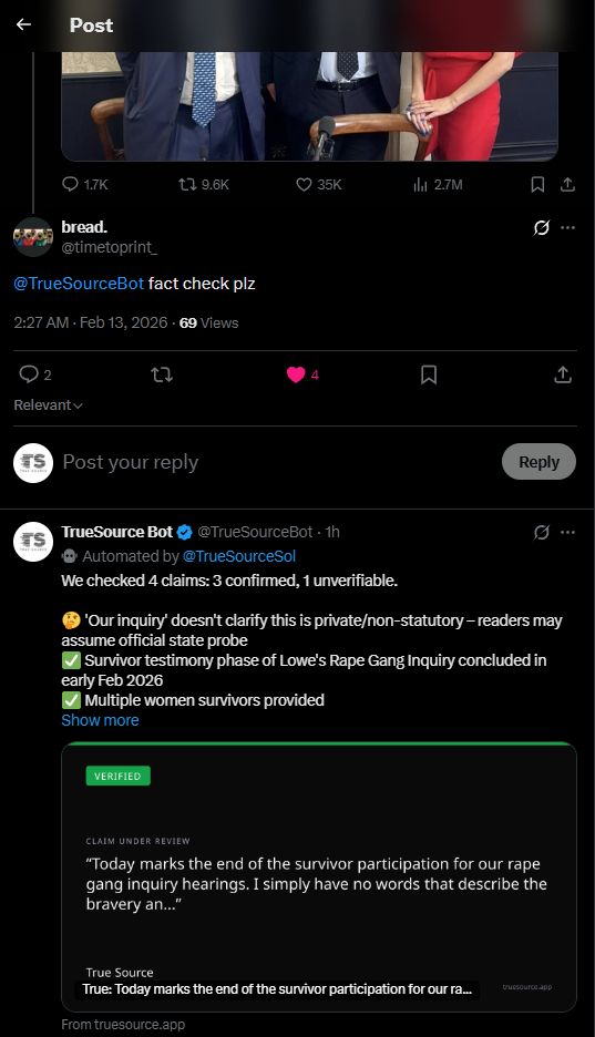 TrueSourceBot fact-checking a tweet on X/Twitter